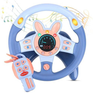 Deao Kids Steering Wheel For Backseat With Key Baby Toys Pretend Driving Simulated Steering Wheel Toy With Light And Music Gifts For Kids Toddlers Blue