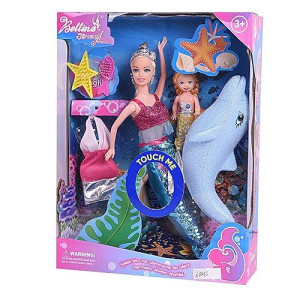 Mermaid Princess Doll Playset, Mermaid Family Dress Doll 12" With 2 Little Mermaid Dolls 3" And Sparkle Dolphin And Seahorse And Mermaid Toys Fairy Tale Gift Set For Little Girls Age 3 4 5 6 7