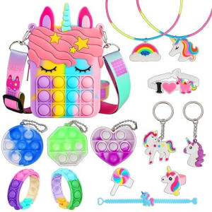 Fidget Purse, Pop Fidget Push It Bubble Popper Unicorn Bag With Bulk Fidget Bracelets Key Chain Stress Relief Toys For Girls Ages 3-12 Gift Easter Basket Stuffers Birthday Party Favor Xmas Stocking