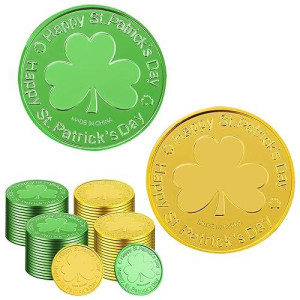 Spinlala St. Patrick'S Day Gold Coins - 100 Pieces Gold Green Lucky Coins Plastic Shamrock Leprechaun Coins, 3-Leaf Clover Coin For Party Decoration Favors