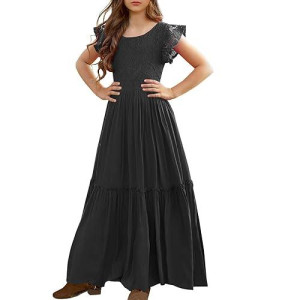 MITILLY Girls Black Lace Maxi Dress with Pockets, 10 Years