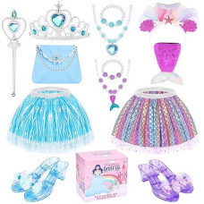 Princess Dress Up Shoes And Jewelry Boutique -Girls Pretend Play Set W Cloak & Tutu Skirt, 3 Pairs Princess Shoes Pretend Accessories Toddlers Beauty Birthday Gifts Toys Years3+