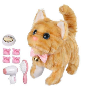 Worwoder Plush Electronic Interactive Cats That Move And Meow Waliking Lifelike Interactive Toy Pet Stuffed Kitten For Girls Kids (Yellow Stripes)