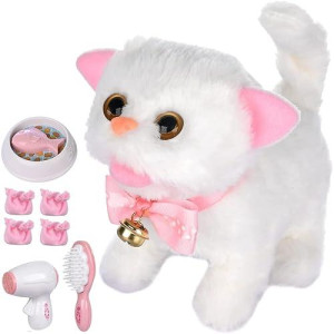 Worwoder Plush Electronic Interactive Cats That Move And Meow Walking Lifelike Interactive Toy Robot Kitten Pet Cute Stuffed Kitten For Girls Kids (White)