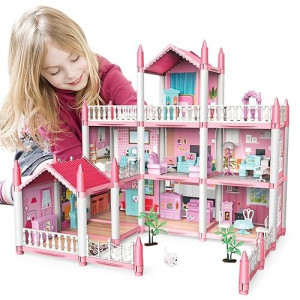 Deao Doll House Dollhouse - 3 Story 9 Rooms Pink Diy Pretend Play Building Playset, Dollhouse Asseccories And Furniture,Gift For 6 7 8 9 Girls Toddler