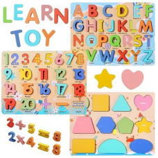 Wooden Puzzles For Toddlers, Voamuw Alphabet Number Shape Learning Education Preschool Toys For Kids Ages 3-6 Years Old (Set Of 3)