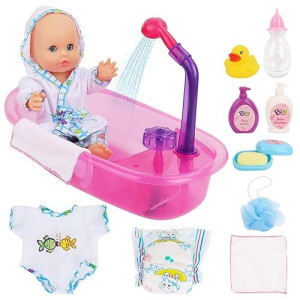 Deao Newborn Baby Doll Bath Set - Real Working Bathtub With Detachable Shower Spray, Toy Gift Set For 3+ Years Old Kids