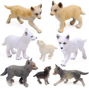 Restcloud 8Pcs Wolf Cub Toy Figure Set Baby Wolves Animals Figurines