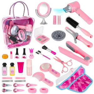 Deao Girls Beauty Salon Set 35Pcs Kids Pretend Play Makeup Sets With Hairdryer, Mirror, Curling Iron And Other Accessories Kids Toddler Fashion Cutting Makeup Party Favor (Fake Makeup)