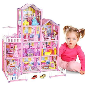 Deao Princess Doll House,4-Story 10 Rooms Kids Play Dollhouse Playset With 2 Dolls Furniture & Accessories,Princess Castle Dollhouse Toy For 3 4 5 6 7 8+ Kids Girls Toys