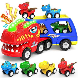 Toys For 1 2 3 4 Year Old Boys Girls, 5 In 1 Toy Trucks For Boys Age 2-3 With 4 Dinosaur Toy Cars For Toddlers 1-3, Friction Powered Kids Boy Toys Dinosaur Truck Toys Gifts With Flashing Light & Sound