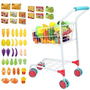 Deao Shopping Cart For Kids,Metal Toy Shopping Cart For Toddlers 46 Pcs Food Fruit Vegetables Pretend Play Food Role Play,Educational Toy Play Kitchen Toys For Boys Girls Kids