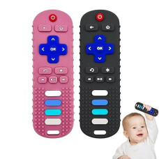 Yapromo Babay Teething Toys,Reomte Teether Toys, Silicone Chew Toy For Babies 18+ Months, Remote Control Shape Teething Toys, Early Educational Toy Bpa Free & Refrigerator Safe (Black&Pink)