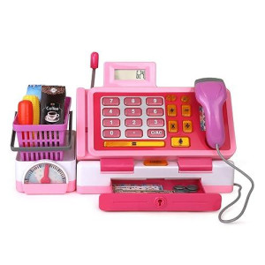 Playkidz Pink Interactive Toy Cash Register with Sounds & Play Money