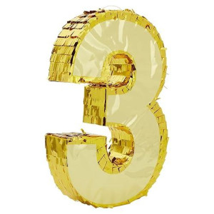 Juvale Gold Foil Number 3 Pinata For 3Rd Birthday Party Decorations, Centerpieces, Anniversary Celebrations (Small, 11.1 X 2.9 X 16.1 In)