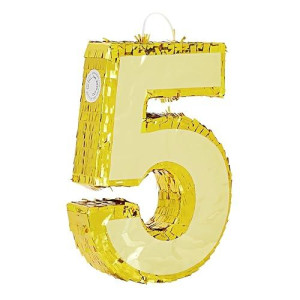 Juvale Gold Foil Number 5 Pinata For 5Th Birthday Party Decorations, Centerpieces, Anniversary Celebrations (Small, 15.5 X 10.5 X 3 In)