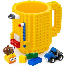 Toyamba Build-On Brick Mug With 3 Packs Of Building Blocks Compatible With Major Brands, Bpa-Free Plastic Funny Coffee Mug For Men/Women, Funny Cups For Kids 16Oz (Yellow)