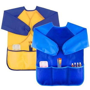 Zkptops 2 Pack Kids Art Smock Colorful Waterproof Children Art Aprons Artist Painting Aprons With Long Sleeve 3 Roomy Pockets For Age 3-7 Years,Yellow And Blue