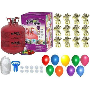 Blue Ribbon, Helium Tank With 50 Balloons And White Ribbon + 12 Gold Balloon Weights + Plus Balloon Tying Tool