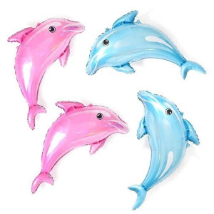 Annodeel 4 Pcs Dolphin Foil Balloons, 34Inch Large Pink Blue Cute Dolphin Foil Mylar Balloons For Baby Shower Wedding Birthday Party Supply Decorations