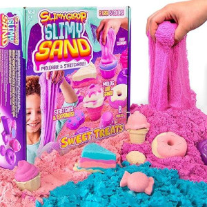 Slimysand Sweet Treats, 2 Pounds Of Slimysand In 5 Colors (Pink Glitter, White Glitter, And Pink, Blue And Purple), 6 3D Molds & Reusable Box For Play. Super Stretchy & Moldable Cloud Slime!