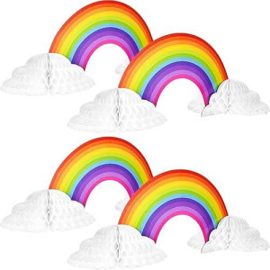 Willbond Rainbow Honeycomb Paper Centerpiece Rainbow Cloud Centerpieces No Crease Converting Rainbow Centerpieces For Christmas Birthday Party Tables Decoration(4 Pieces)