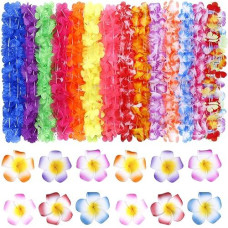 Ginmic Hawaiian Leis, Luau Party Favors,64Pcs Tropical Hawaiian Party Necklace,Hawaiian Plumeria Flower Hair Clip,Headbands And Wristbands, For Kids Or Adults Party Supplies, Summer Beach Vacation,