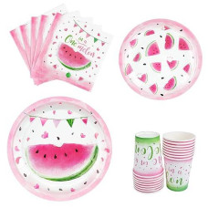 Wernnsai Watermelon Party Tableware Set - Pink Watermelon Party Supplies Include Disposable Luncheon Napkins Dinner Dessert Plates Paper Cups For Girls 1St Birthday Baby Shower Serves 16 Guests