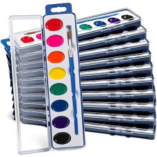 Bedwina Watercolor Paint Sets For Kids - Bulk Pack Of 12, 8 Washable Water Color Paints In Palette Tray And Painting Brush For Coloring, Art, Classrooms And Paint Party Supplies