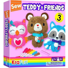 Krafun Sewing Kit For Kids Age 7 8 9 10 11 12 Beginner My First Art & Craft, Includes 3 Stuffed Animal Dolls Teddy, Raccoon And Owl, Instructions & Plush Felt Materials For Learn To Sew, Embroidery