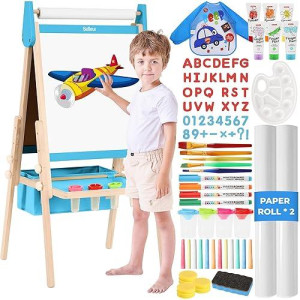 Belleur All-In-One Art Easel For Kids With 2 Paper Rolls & Deluxe Accessories, Adjustable Magnetic Double Sided Whiteboard & Chalkboard, Painting Kid Easel For Toddlers 2-8, Ideal Christmas Gift