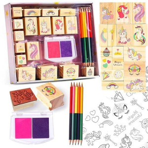 Unicorn Wooden Stamp And Sticker Set For Girls, Stampers, Inkpad, Coloring Pencil, Sticker Included, Arts & Crafts Set For Girls Boys Kids Ages 4 5 6 7 8 9 10 Years Old