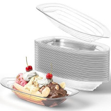 Super Fun Recyclable Banana Split Boats 50Pk. Best Long 12Oz Disposable Ice Cream Sundae Bowls. Perfect Plastic Sunday Cups For Social Or Kids Birthday Party. Great Clear Boat For Carnivals