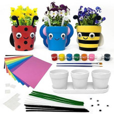 Pinwheel Crafts Flower Pot Kit - Paint Your Own Kids Plant Growing Kit For Kids Ages 4-8 With 3 Planters, 8 Paints And 2 Brushes - Diy Flower Crafts Birthday Gift