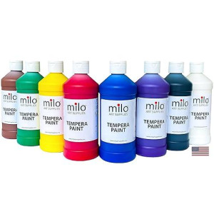 Milo Tempera Paint Set Of 8 Colors | 16 Oz Bottles | Made In The Usa | Washable And Non-Toxic Art & Craft Poster Primary Finger Paints For Artists, Kids, & Hobby Painters