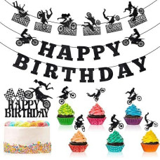 Zonon 20 Pieces Dirt Bike Birthday Decoration Dirt Bike Party Supplies Banner Cake Cupcake Topper For Motocross Themed Birthday Party Man Or Boy Riding Room Wall Decoration (Classic Style)