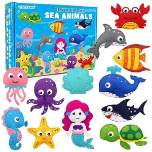 Ciyvolyeen Sea Animals Sewing Kit Mermaid Diy Felt Plush Craft Kit Make Your Own Ocean Animals Gifts For Beginner Boys And Girls Educational Kids Art Craft Supplies Set Of 12