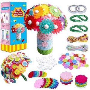 Spritegru Flower Craft Kit For Kids,Make Your Own Flower Bouquet With Buttons,Diy Activity Gift For Boys & Girls Age 4 5 6 7 8 9 10 Year Old(2 Bouquets And 1 Glass Vase)