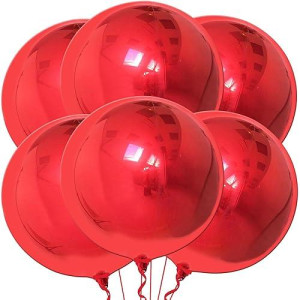 Katchon, Metallic Red Balloons - Big 22 Inch, Pack Of 6 | 360 Degree 4D Sphere Red Metallic Balloons | Red Chrome Balloons For Valentines Decorations | Red Foil Balloons For Valentines Day Decorations