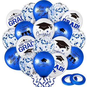 Whaline 60Pcs Graduation Party Balloon Set 7 Designs Blue White Confetti Latex Balloon With 2 Rolls Blue Ribbon Class Of 2024 Grad Cap Congrats Grad Balloon For Graduation Party Decoration Supplies