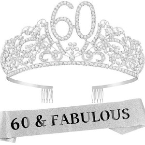 Fabulous 60Th Birthday Sash And Tiara Set For Women - Glitter Sash With Flowers And Rhinestone Silver Tiara - Perfect 60Th Birthday Decorations And Gifts For Her