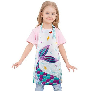 Wernnsai Mermaid Apron For Kids Girls Polyester Waterproof Apron For Kitchen Cooking Painting Gardening Baking Toddler Aprons With Pocket Adjustable Strap(Small, 6-10 Years)