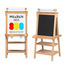 Meeden Art Easel For Kids - Solid Beechwood Kids Easel With Paper Roll - Art Easel With Chalkboard And Magnetic Whiteboard - Art Supplies For Kids - Natural