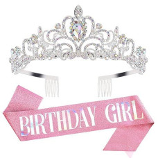 Tiara For Women Birthday, Tiara For Women Silver, Happy Birthday Queen Tiara For Women, Crown For Girls Tiaras Birthday Queen Crowns With Birthday Girl Sash, Crowns For Women With Ab Rhinestone