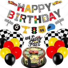 Race Car Two Fast Birthday Party Decorations, Birthday Banner And 2Nd Cake Topper Racing Chequered Flag Balloons Let'S Go Racing Theme Party Supplies