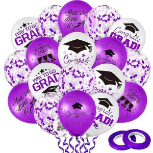 Whaline 60Pcs Graduation Party Balloon Set 7 Designs Confetti Latex Balloon With 2 Rolls Purple Ribbon Grad Cap Congrats Grad Balloon For Graduation Party Decoration Supplies (Purple, White)