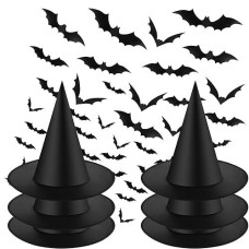 Sumind Halloween Decorations 6 Pcs Hanging Witch Hats With 60 Pcs 3D Bat Spider Stickers, Witch Costume Accessories Floating Witch Hats Halloween Decor(Bats)