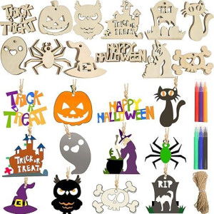 Derayee 60Pcs Halloween Wooden Slices Cutouts, Halloween Diy Crafts Decorations Blank Hanging Gift Tags Ornaments For Kids Party Favor Supplies