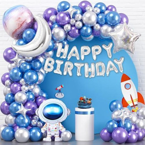 Winrayk Outer Space Birthday Party Decorations Galaxy Supplies Metallic Space Balloon Arch & Happy Birthday Galaxy Astronaut Moon Star Foil Balloon, Teen Boys Girls Kids Space Themed Party Decorations