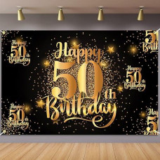 Mnixy Happy 50Th Birthday Backdrop Banner Step And Repeat 50 Years Old Background Decorations For Women Men Her Him Photography Party Supplies Glitter Black Gold (1)